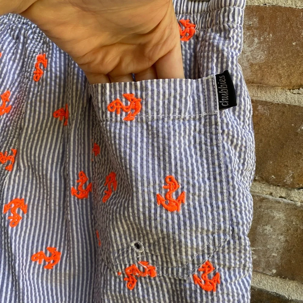 Chubbies Blue Seersucker 5.5” Inseam Swim Trunks with Orange Anchors, Size Small